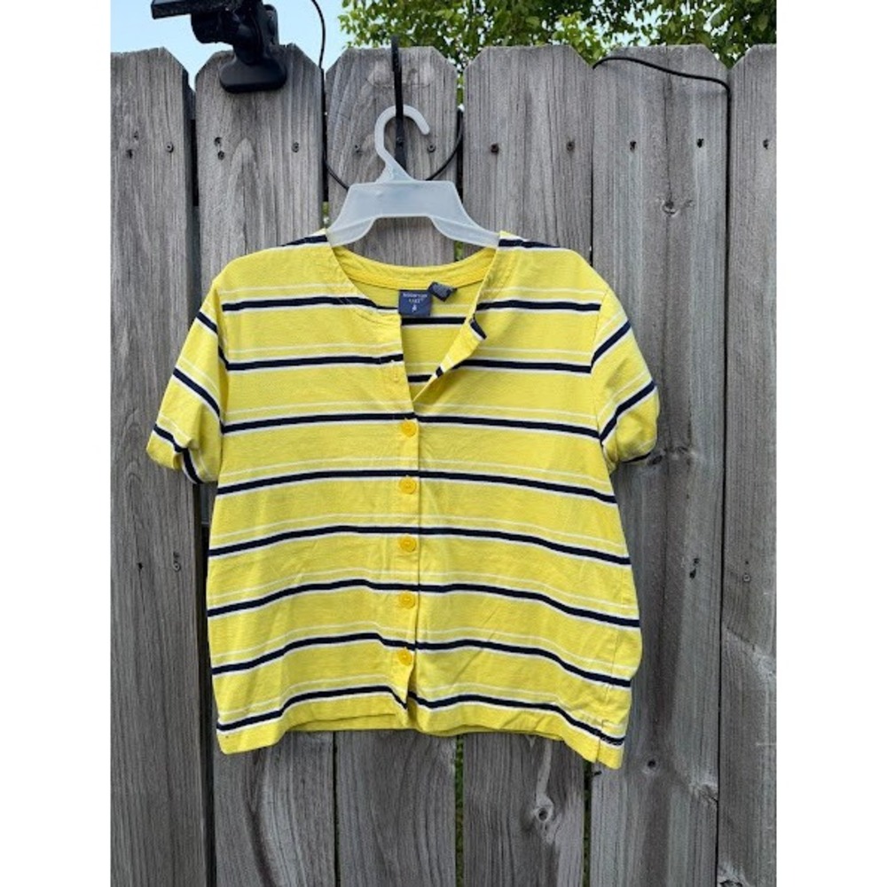 Nautical Preppy Mountain Lake Striped Button Front Shirt Womens XL Yellow